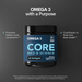 Black container of Omega-3 Core softgel supplements with blue label, 60 count, 2400 mg per serving.