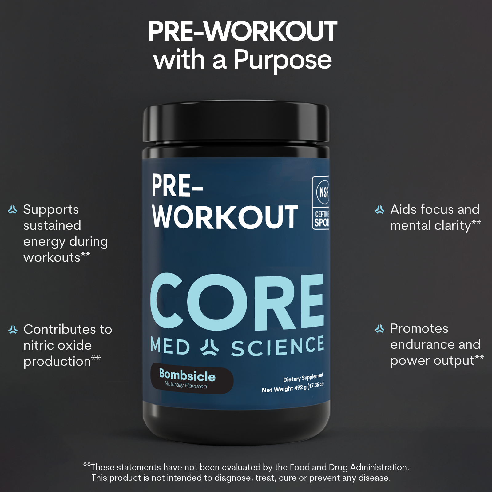 Black container with blue label reading "PRE-WORKOUT CORE MED SCIENCE" in light blue text, Bombsicle flavor, 492g net weight.