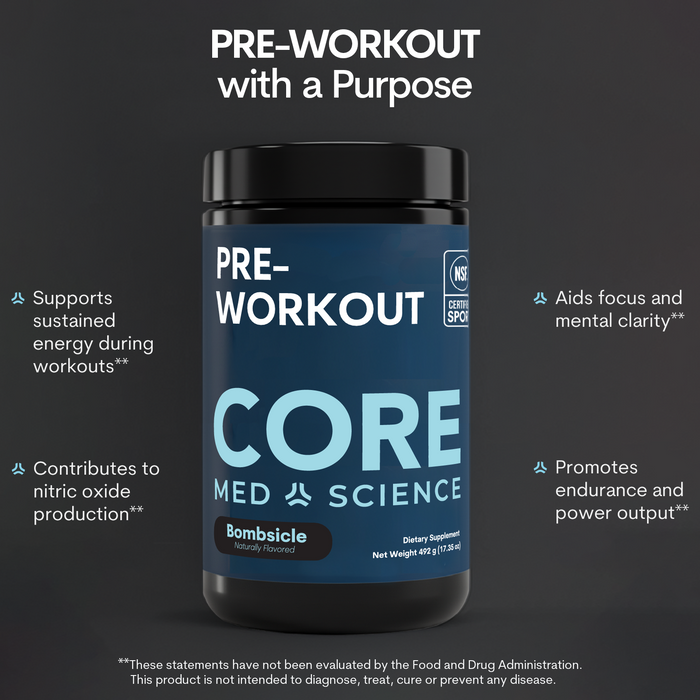 Black container with blue label reading "PRE-WORKOUT CORE MED SCIENCE" in light blue text, Bombsicle flavor, 492g net weight.