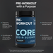 Black container with blue label reading "PRE-WORKOUT CORE MED SCIENCE" in light blue text, Bombsicle flavor, 492g net weight.