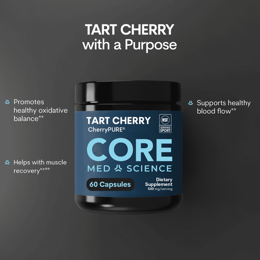 Black jar with blue label containing Tart Cherry CherryPURE Core dietary supplement, 60 capsules, 500mg per serving.