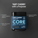 Black jar with blue label containing Tart Cherry CherryPURE Core dietary supplement, 60 capsules, 500mg per serving.