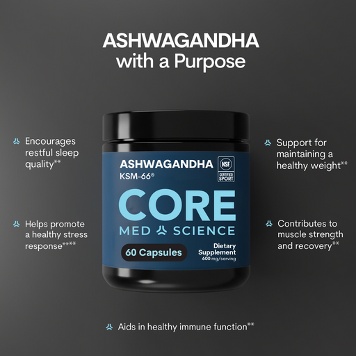 Dark glass jar of Ashwagandha Core Med Science capsules with blue label showing 60 capsules and NSF Certified Sport badge.