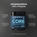Dark glass jar of Ashwagandha Core Med Science capsules with blue label showing 60 capsules and NSF Certified Sport badge.