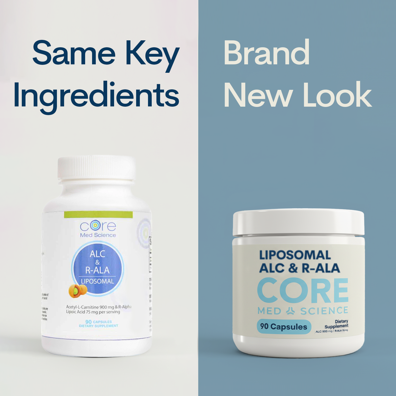 Two white supplement bottles side by side showing old and new packaging designs for liposomal ALC and R-ALA capsules.