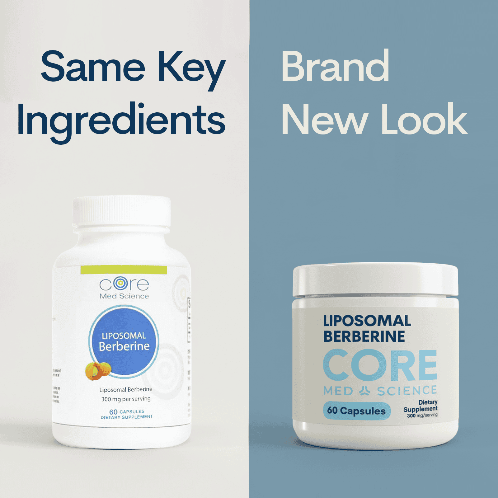 Two white supplement bottles showing Core Med Science liposomal berberine 300mg capsules with updated packaging design.