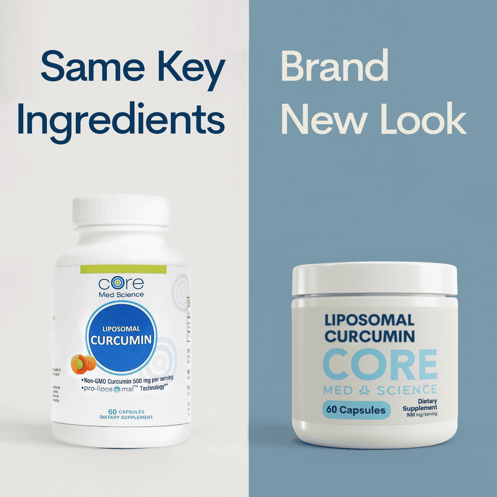 Two white supplement bottles labeled Liposomal Curcumin Core Med Science, 60 capsules each, shown in old and new packaging de