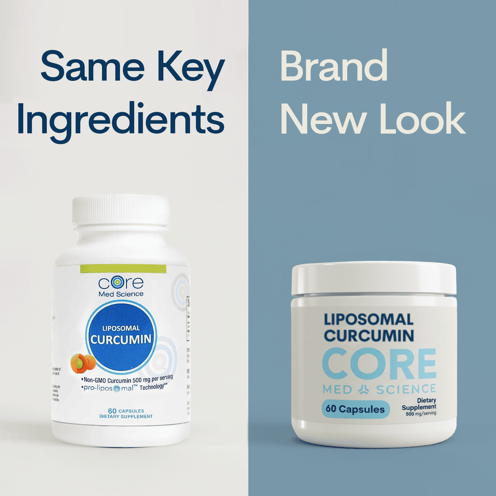 Two white supplement bottles labeled Liposomal Curcumin Core Med Science, 60 capsules each, shown in old and new packaging de