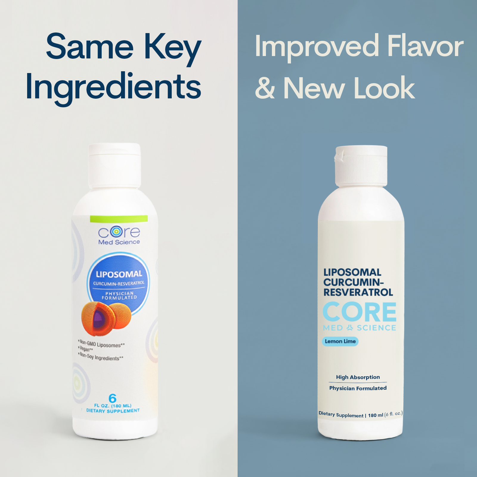 Two white plastic bottles of liposomal curcumin-resveratrol liquid supplement, old version left with orange fruit imagery, ne
