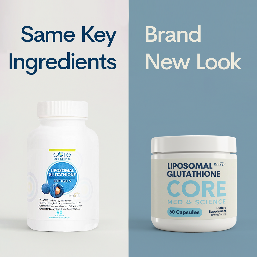 White bottle with blue and white label on left showing old packaging; white jar with silver lid on right showing new Core Med