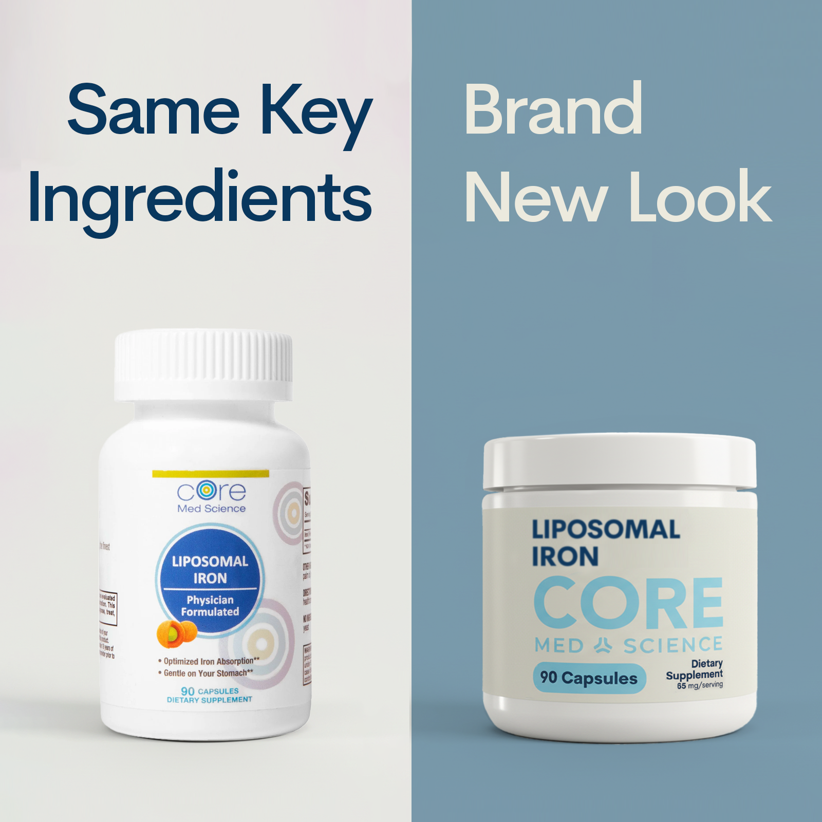 White bottle and white jar with blue labels containing 90 liposomal iron capsules displayed side by side.