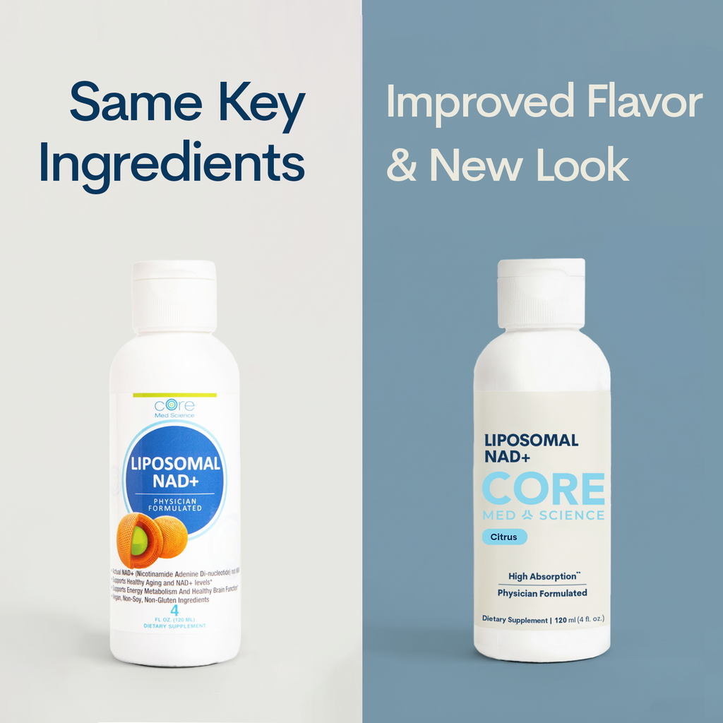 Two white bottles of Core Med Science Liposomal NAD+ supplement with updated label design and citrus flavor.