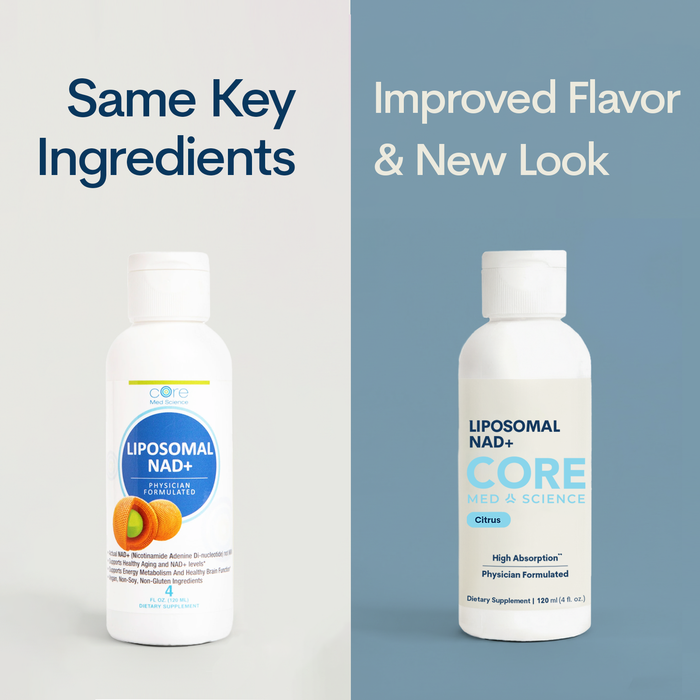Two white bottles of Core Med Science Liposomal NAD+ supplement with updated label design and citrus flavor.