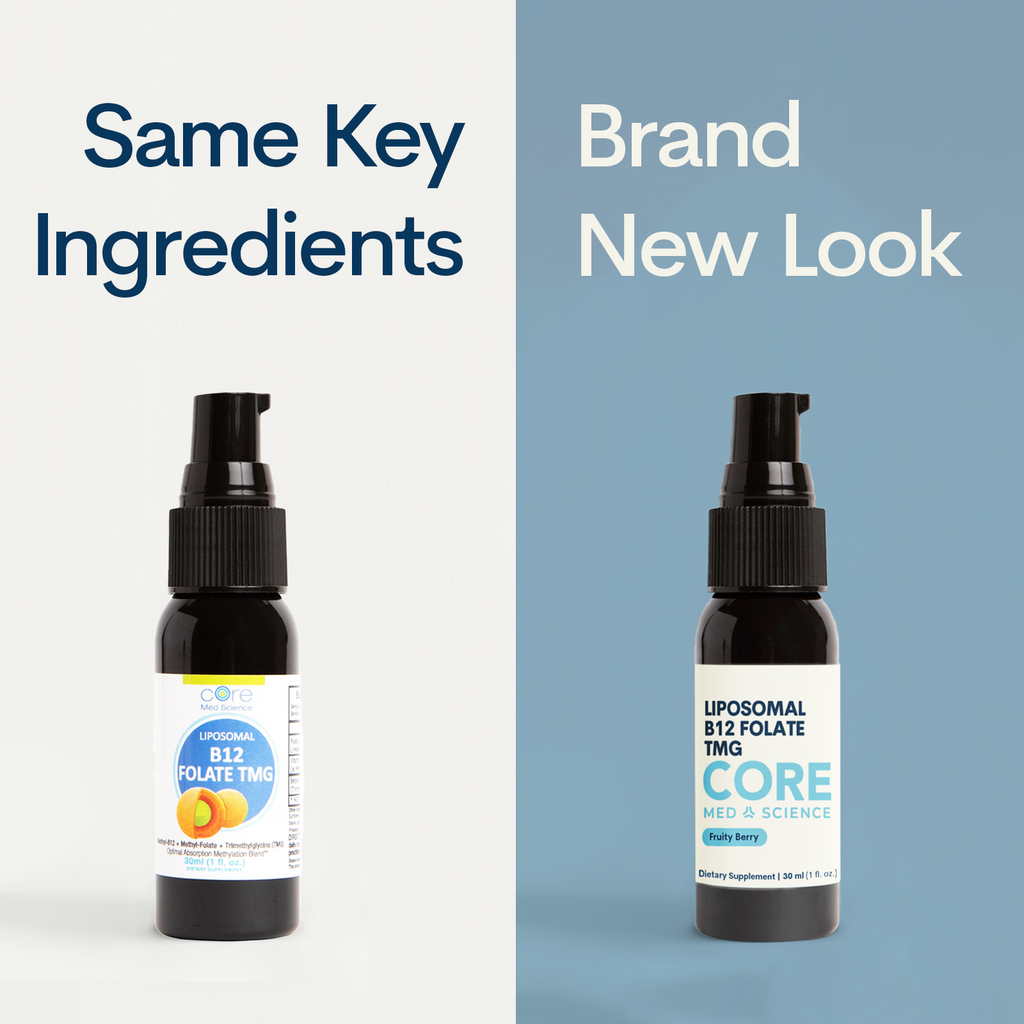 Dark glass spray bottle with black pump top labeled "Liposomal B12 Folate TMG" by Core Med Science, 1 FL OZ size.