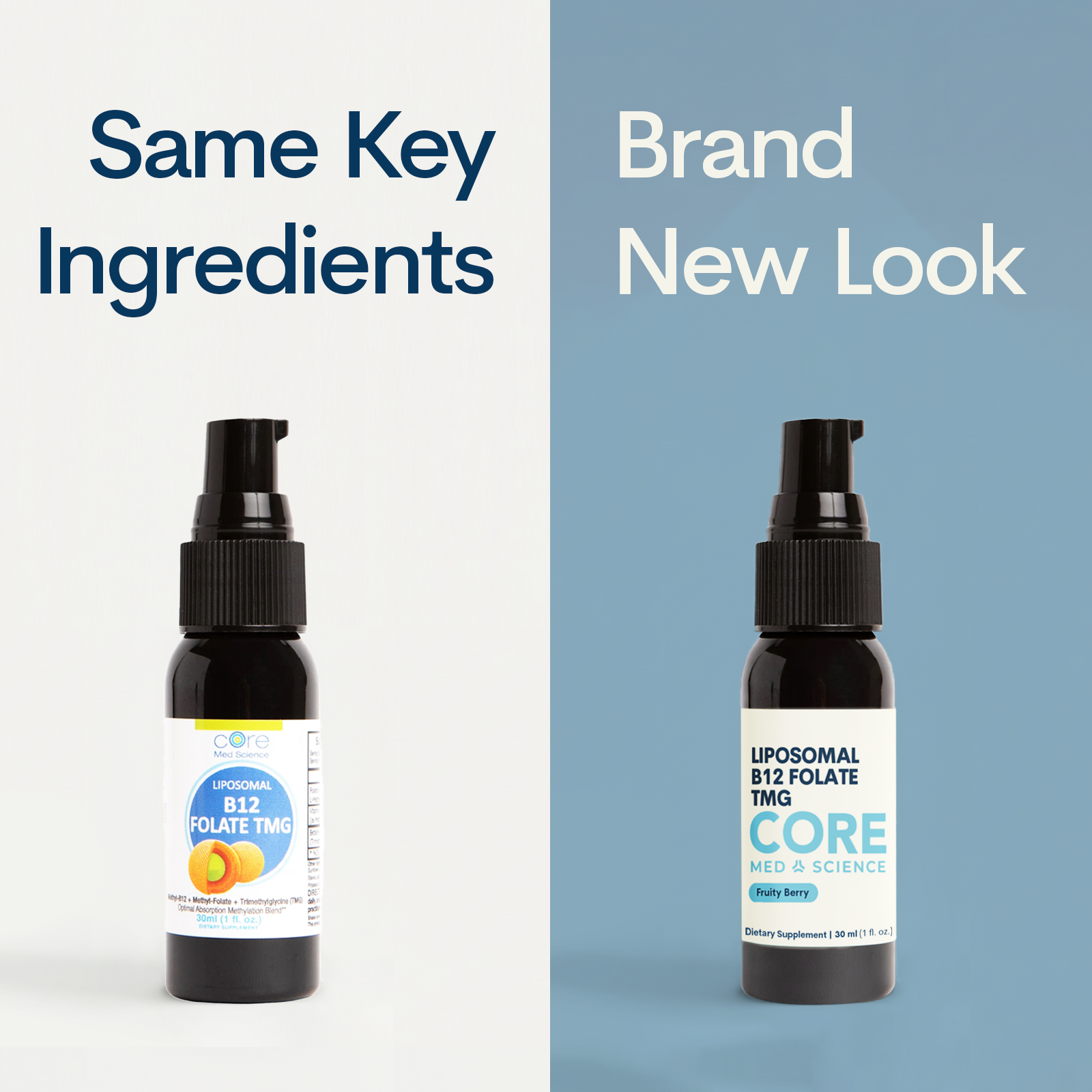 Dark glass spray bottle with black pump top labeled "Liposomal B12 Folate TMG" by Core Med Science, 1 FL OZ size.