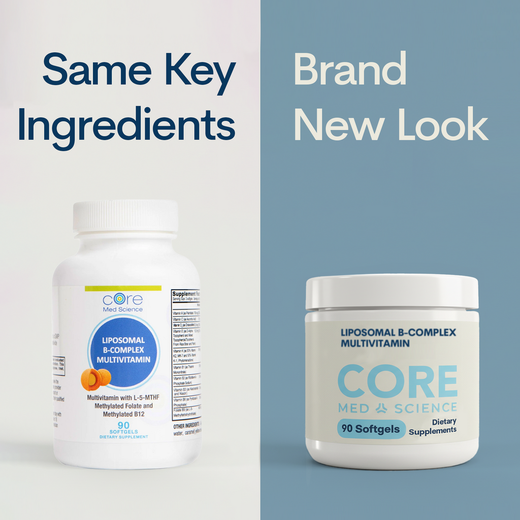 Two white bottles of Core Med Science Liposomal B-Complex Multivitamin softgels showing old and new label designs.