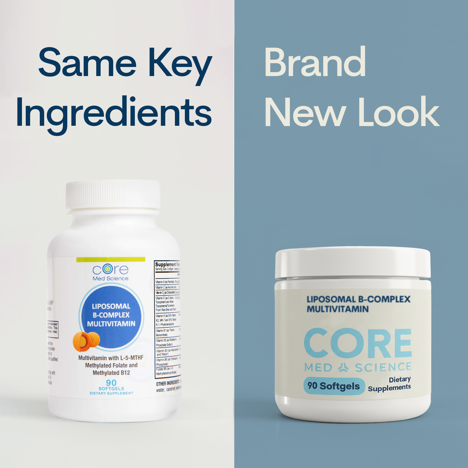 Two white bottles of Core Med Science Liposomal B-Complex Multivitamin softgels showing old and new label designs.