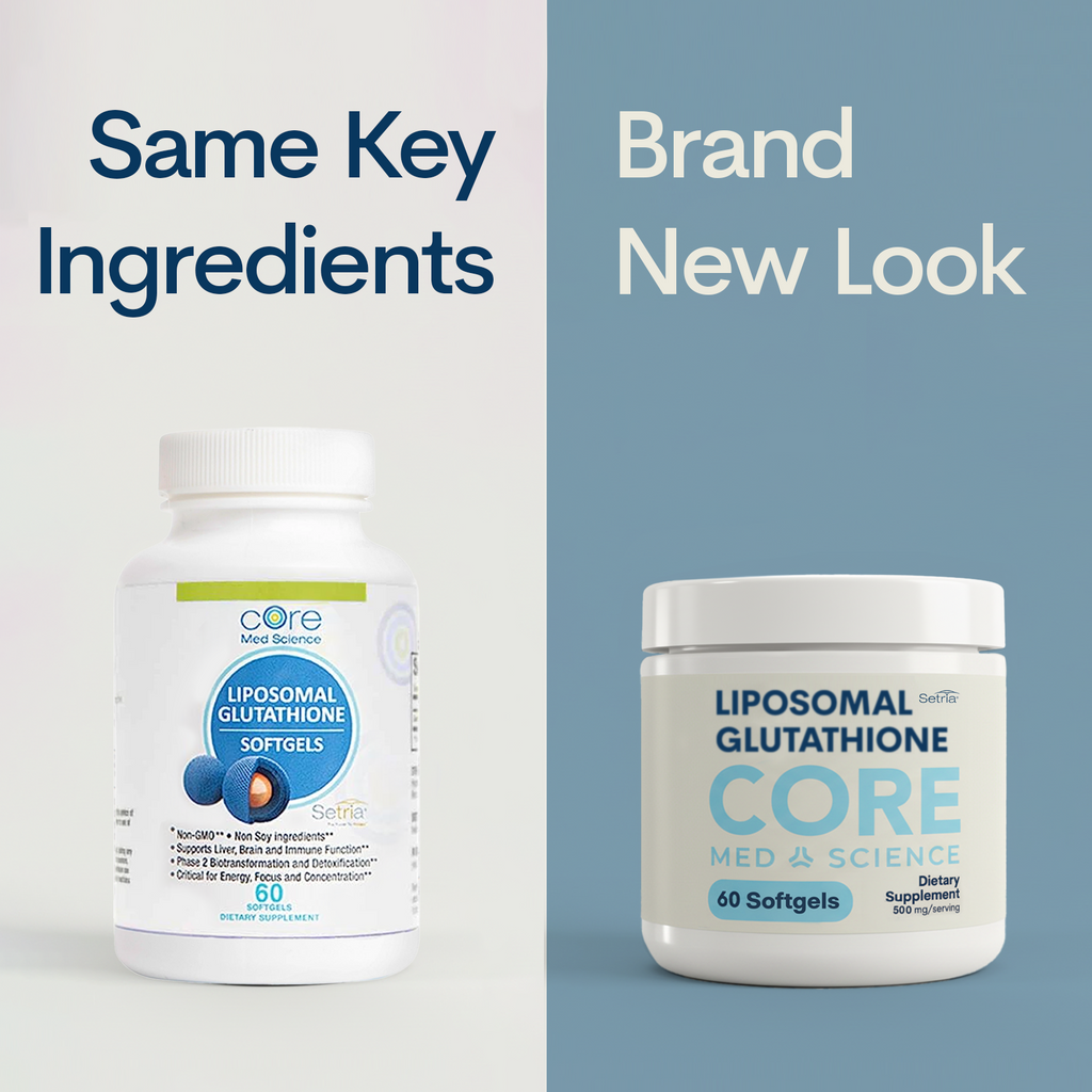 Bottle of liposomal glutathione softgels displayed next to updated packaging design with same formulation.