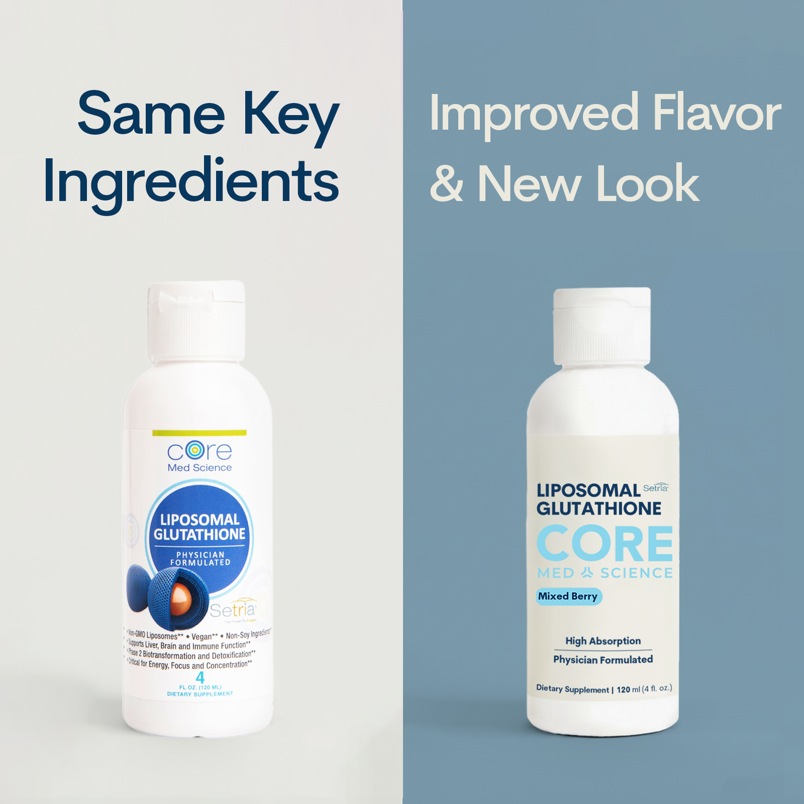 Two white bottles of liposomal glutathione supplement showing old and new packaging designs side by side.