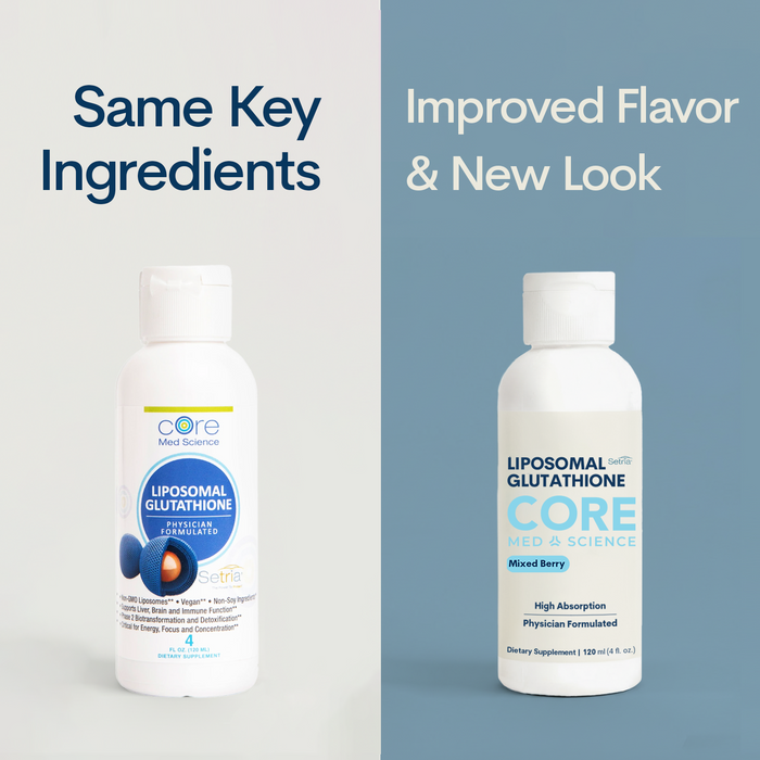 Two white bottles of liposomal glutathione supplement showing old and new packaging designs side by side.