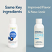 Two white bottles of liposomal glutathione supplement showing old and new packaging designs side by side.