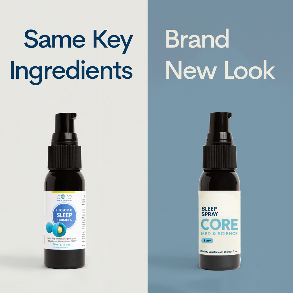 Clear glass bottle with black spray pump top containing dark liquid labeled "Sleep Spray" by Core Med Science.
