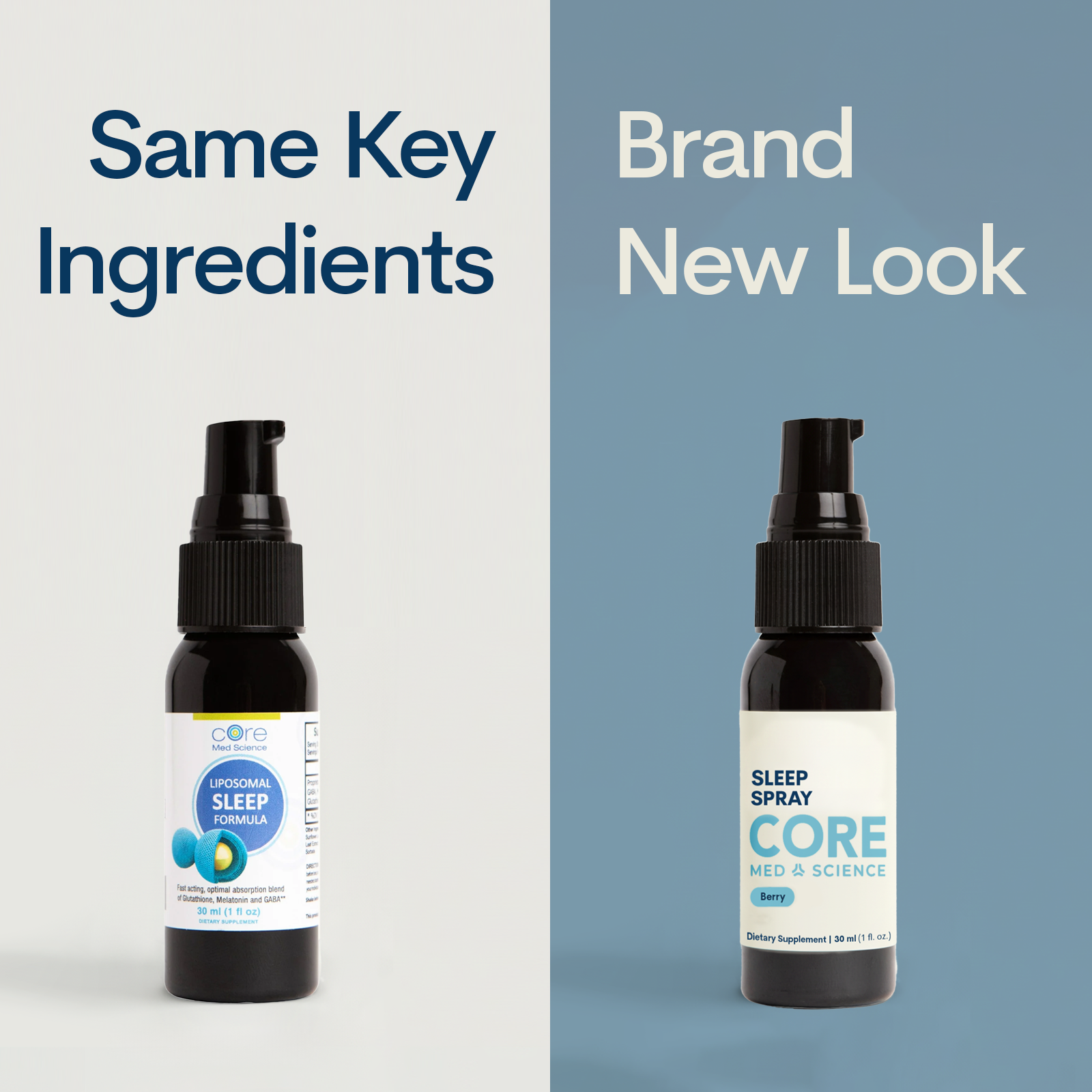 Clear glass bottle with black spray pump top containing dark liquid labeled "Sleep Spray" by Core Med Science.