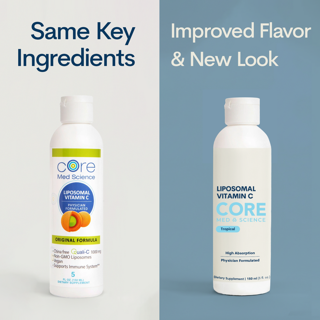 White bottle labeled "Liposomal Vitamin C" with orange tropical flavor branding and white cap next to original formula packag