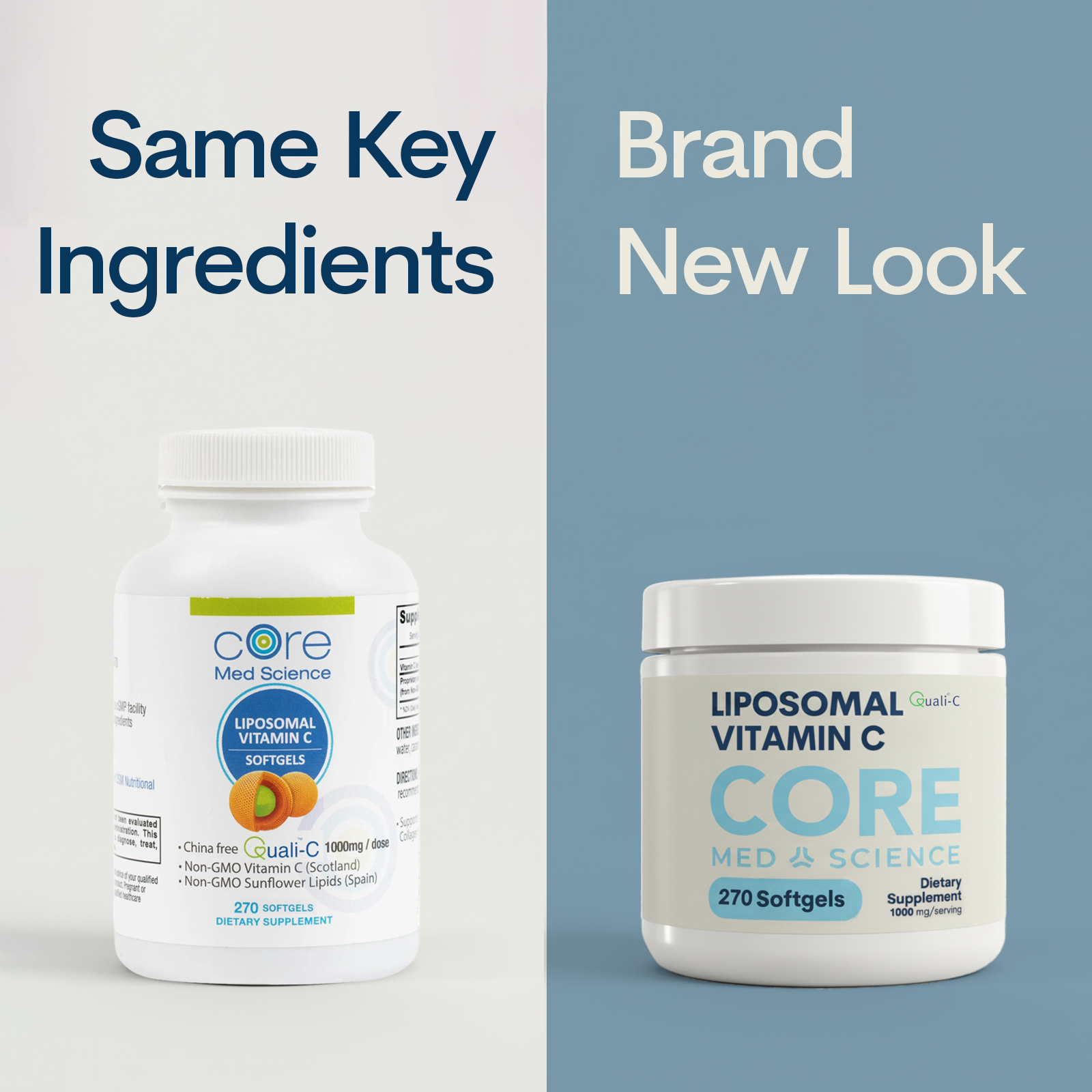Two white supplement bottles side by side labeled "Liposomal Vitamin C Softgels" with 270 count, showing old and new packagin