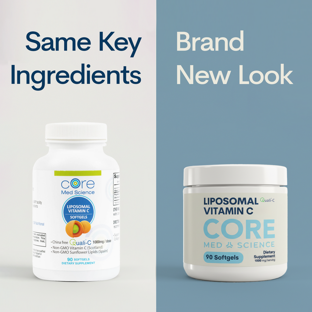 Two white supplement bottles side by side showing previous and new packaging labels for liposomal vitamin C softgels.