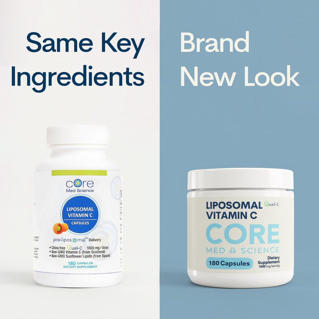 White bottles of liposomal vitamin C capsules labeled Core Med Science, 180 count, shown in old and new packaging designs.