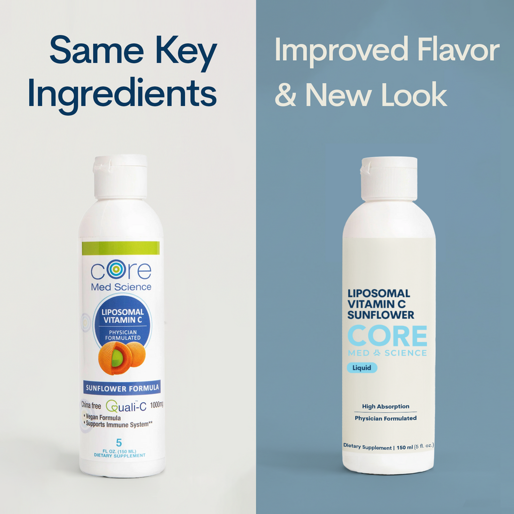 Two bottles of Core Med Science Liposomal Vitamin C Sunflower Formula liquid supplement with white caps, shown side by side.
