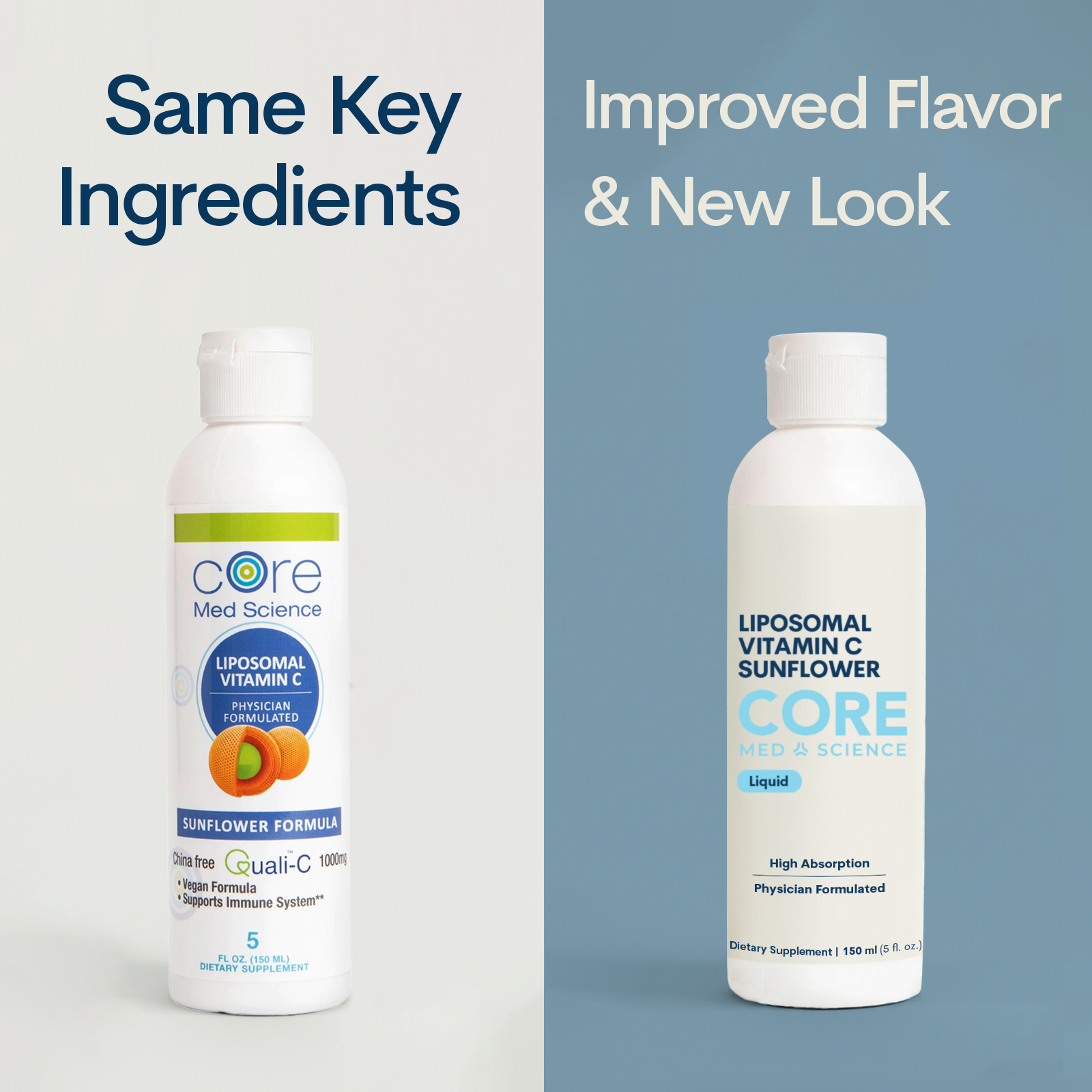 Two bottles of Core Med Science Liposomal Vitamin C Sunflower Formula liquid supplement with white caps, shown side by side.