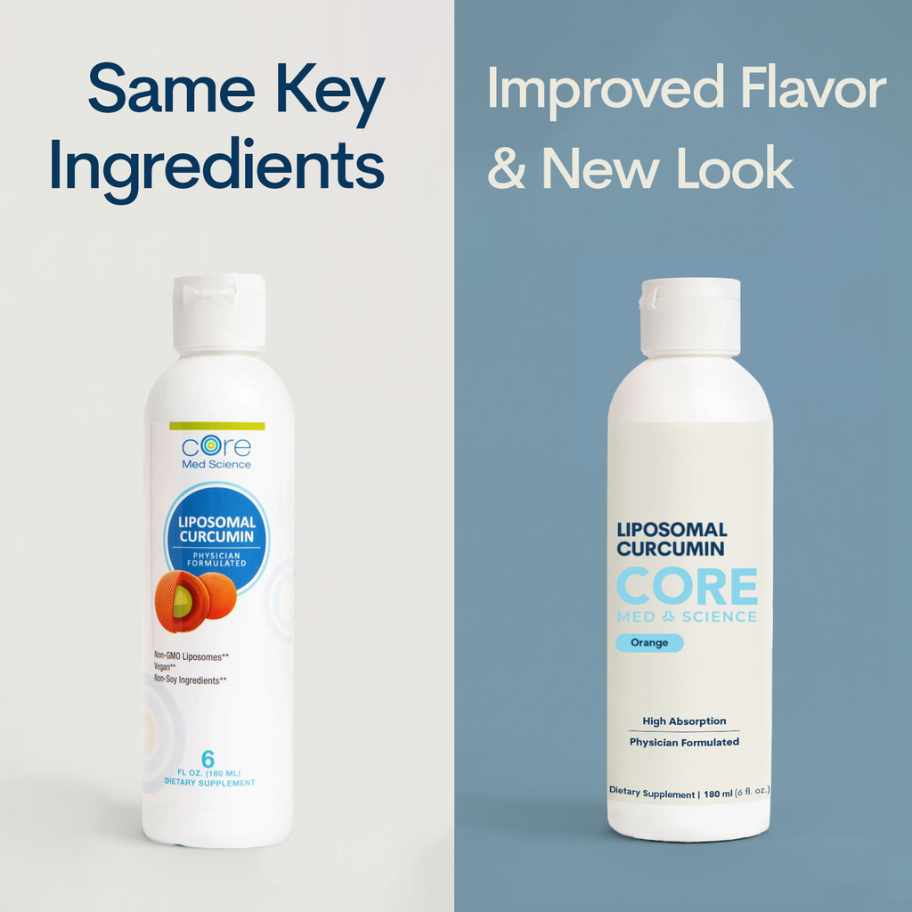 Two white bottles of Core Med Science Liposomal Curcumin liquid supplement, old and new packaging designs side by side.
