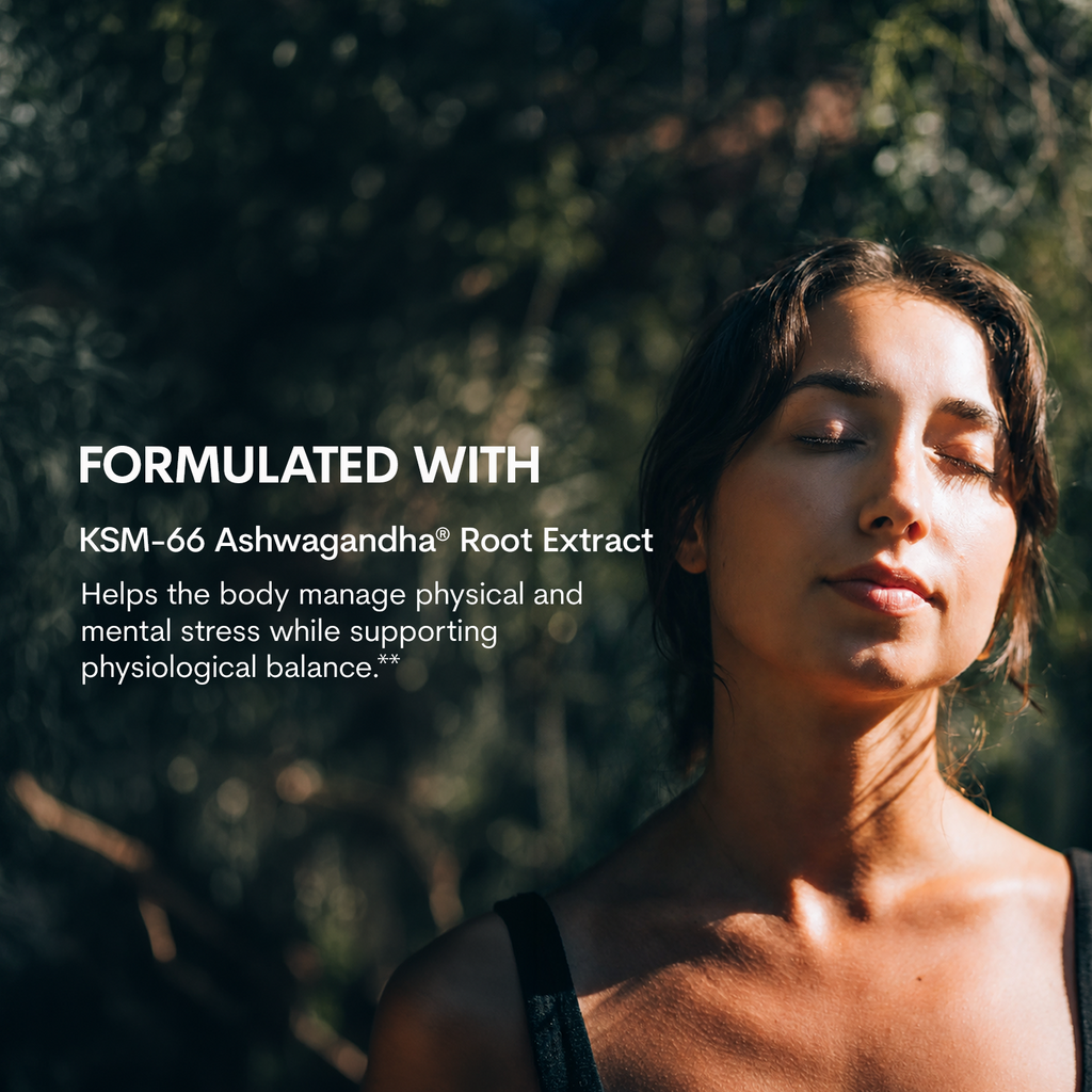 A woman with closed eyes tilts her face toward sunlight outdoors, beside text describing KSM-66 Ashwagandha root extract and its stress support.