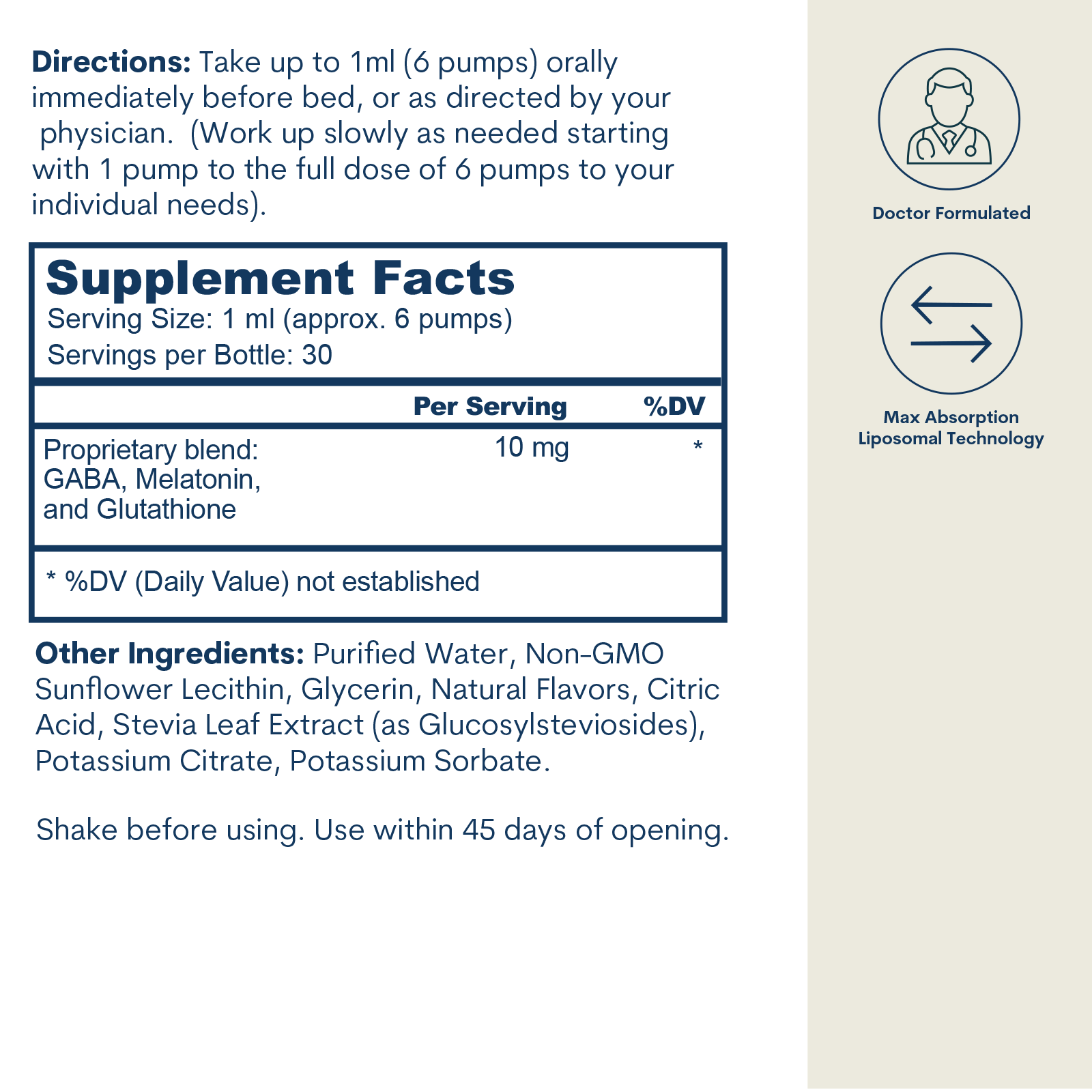 Liposomal sleep formula liquid spray bottle with supplement facts label, directions, and icons indicating doctor formulated a