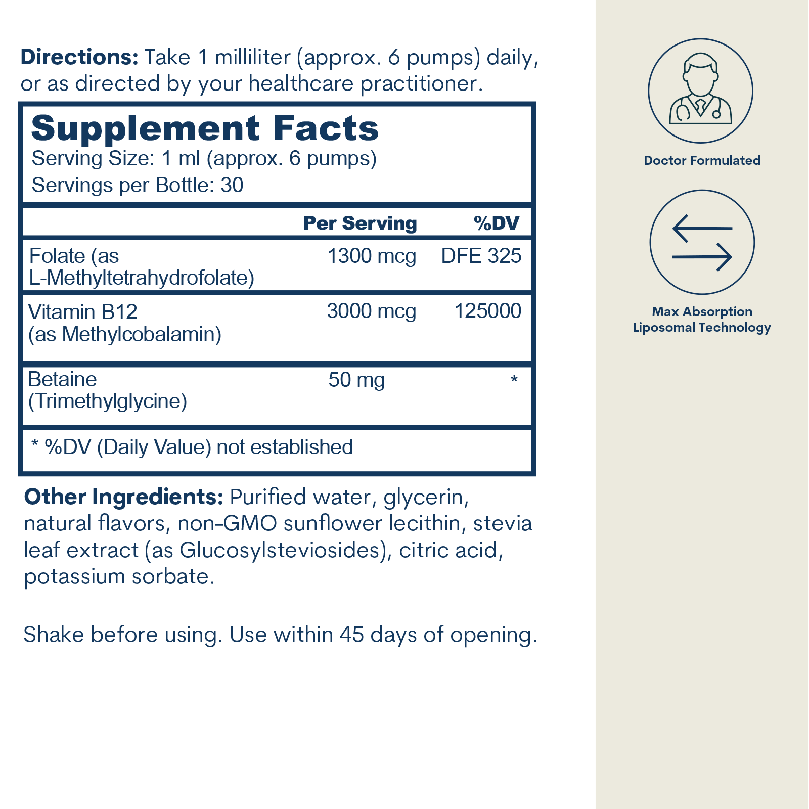 Supplement facts label showing B-12, folate, and betaine dosages with directions, ingredients list, and doctor-formulated lip