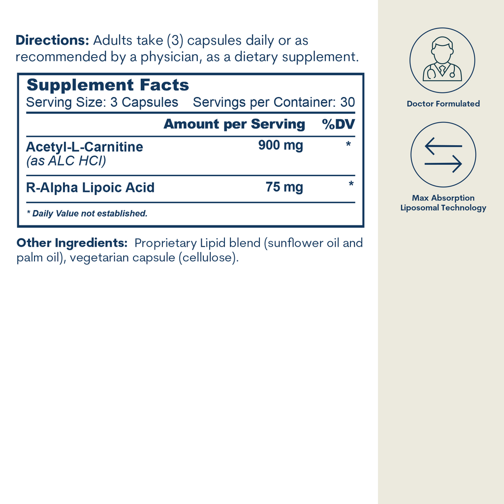 Supplement Facts label displaying directions, serving size of 3 capsules, and ingredients including Acetyl-L-Carnitine and R-