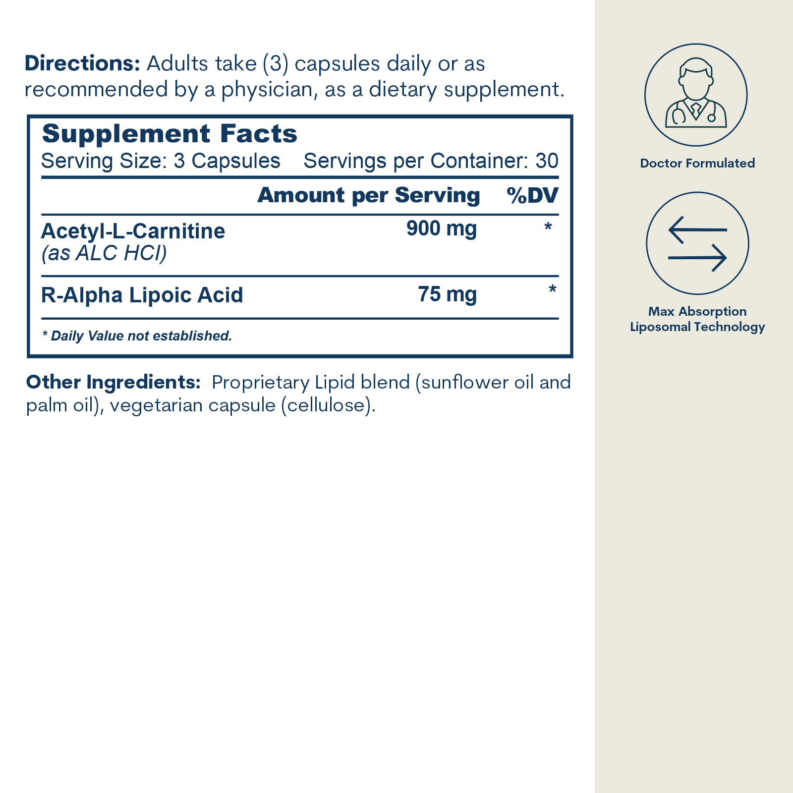 Supplement Facts label displaying directions, serving size of 3 capsules, and ingredients including Acetyl-L-Carnitine and R-