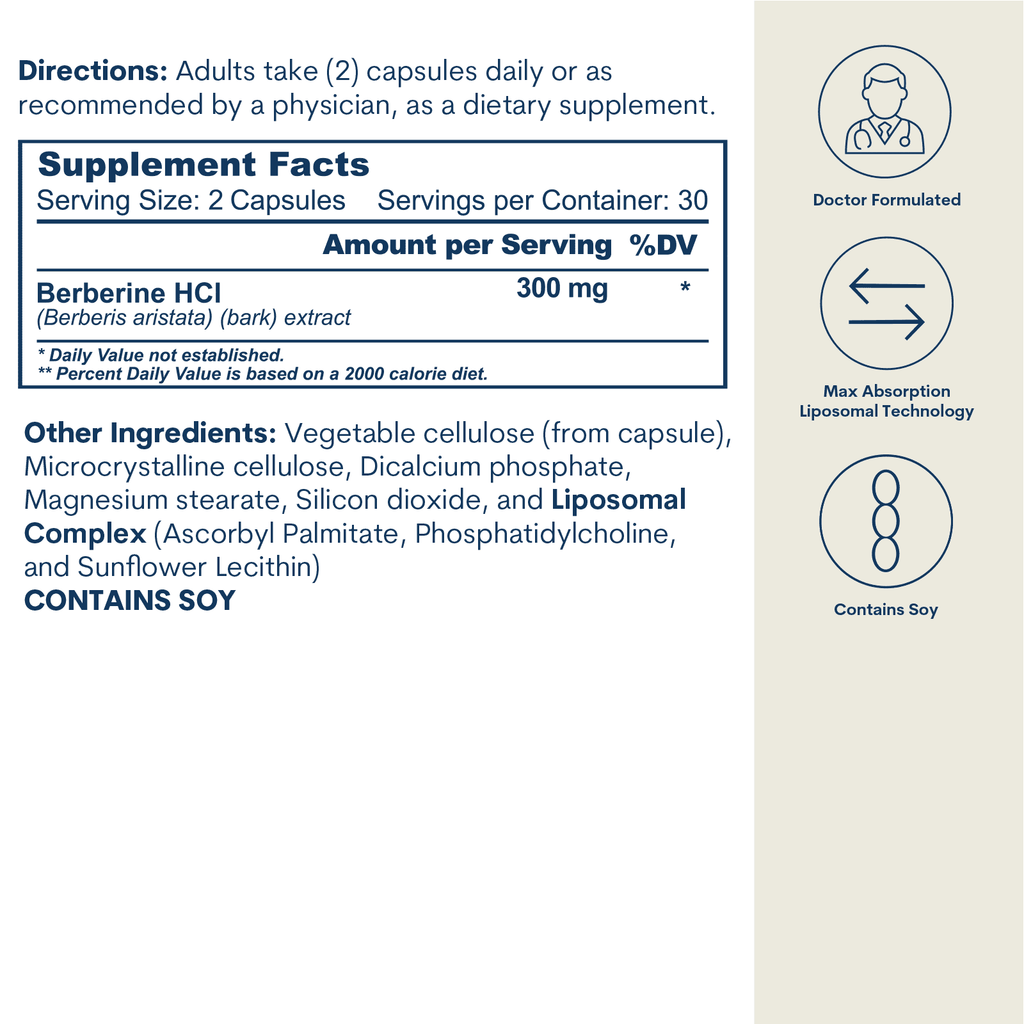 Supplement Facts label for Liposomal Berberine 300mg capsules with directions, ingredients, and product feature icons.