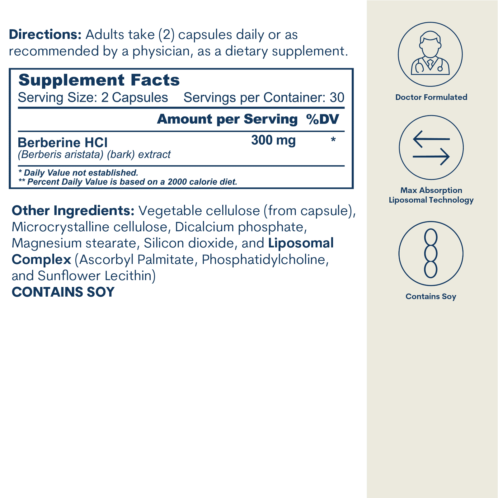 Supplement Facts label for Liposomal Berberine 300mg capsules with directions, ingredients, and product feature icons.