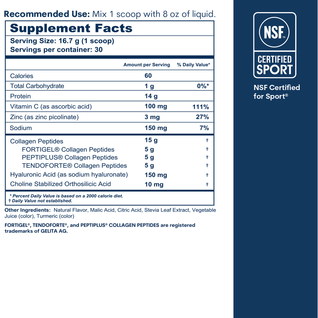Supplement Facts label for watermelon-flavored collagen peptides powder with NSF Certified for Sport badge displayed on right
