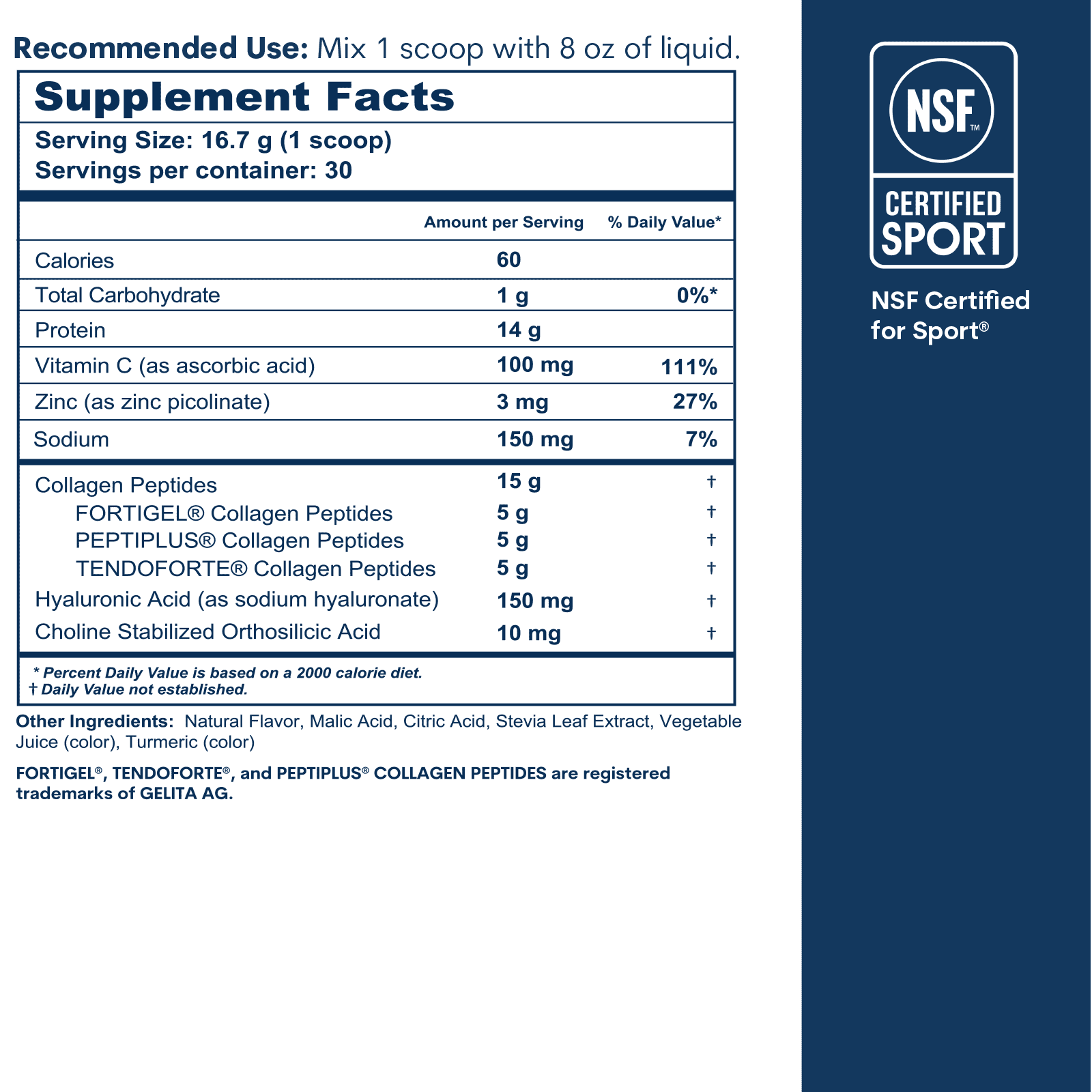 Supplement Facts label for watermelon-flavored collagen peptides powder with NSF Certified for Sport badge displayed on right