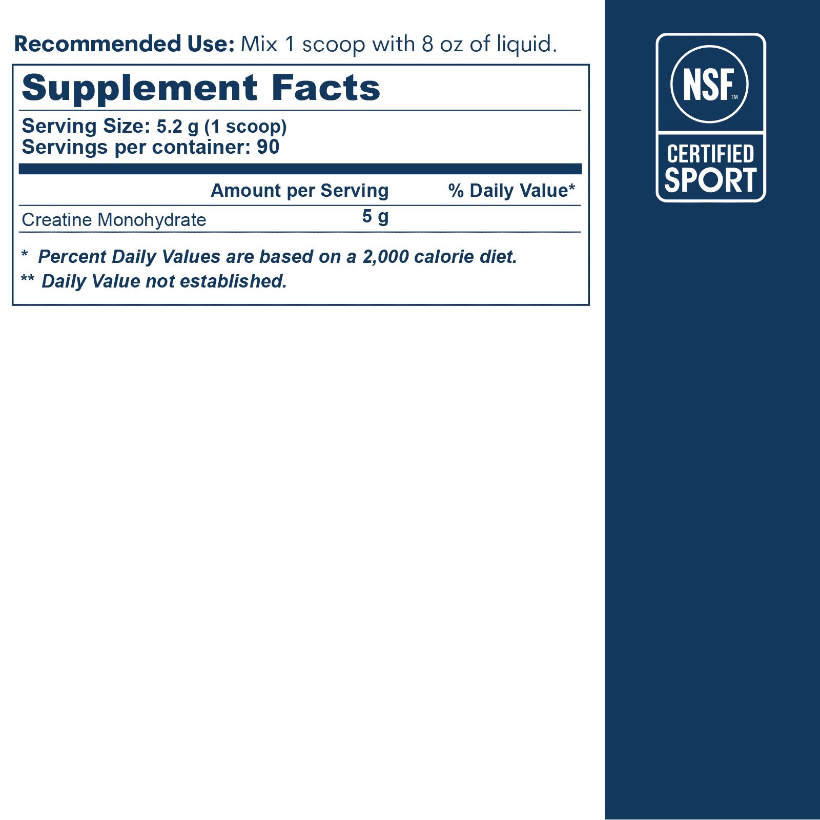 Supplement facts label showing creatine monohydrate 5g per serving with NSF Certified Sport seal.