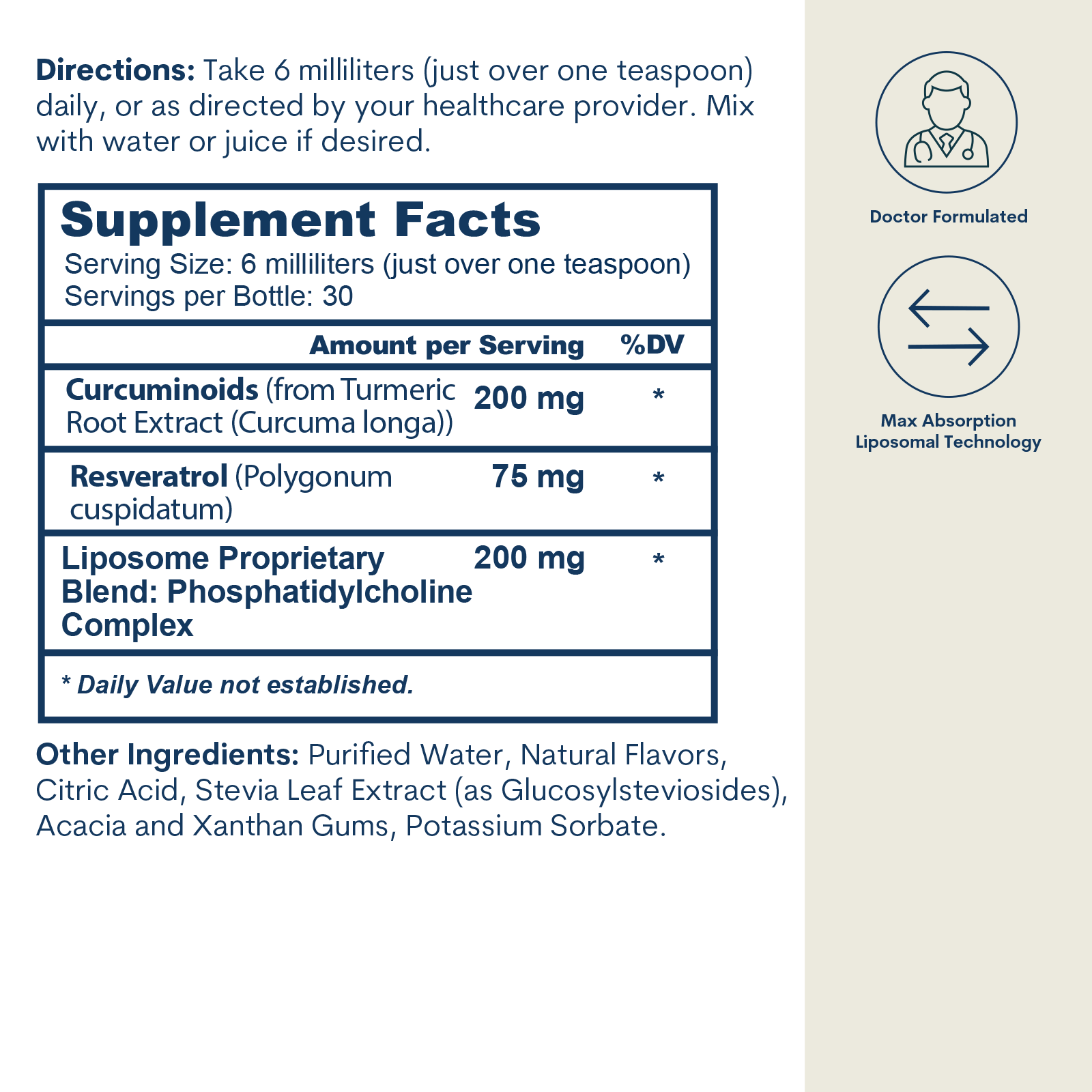 Supplement Facts label showing directions, ingredient amounts, and icons for doctor formulated and liposomal absorption techn