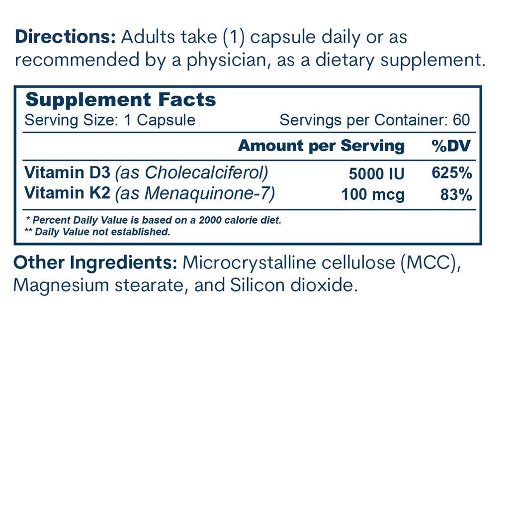 Supplement facts label showing directions, serving size of 1 capsule, and ingredients including Vitamin D3 5000 IU and Vitami