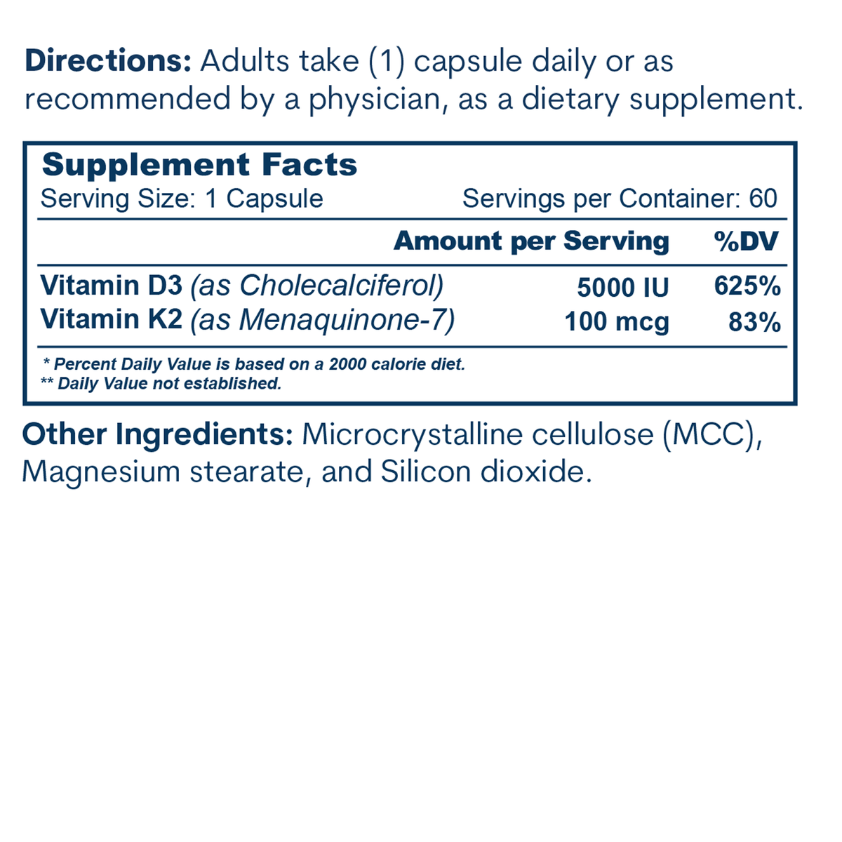 Supplement facts label showing directions, serving size of 1 capsule, and ingredients including Vitamin D3 5000 IU and Vitami