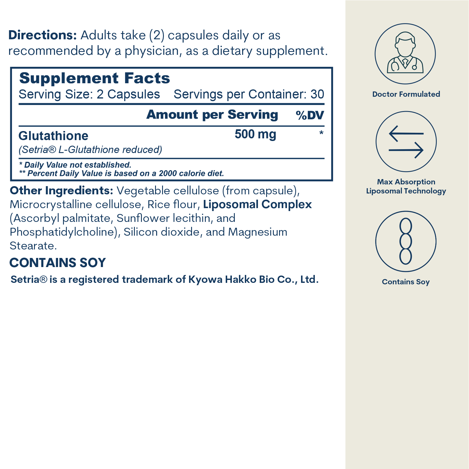 Supplement facts label for liposomal glutathione capsules with directions, ingredients, and icons indicating doctor formulate