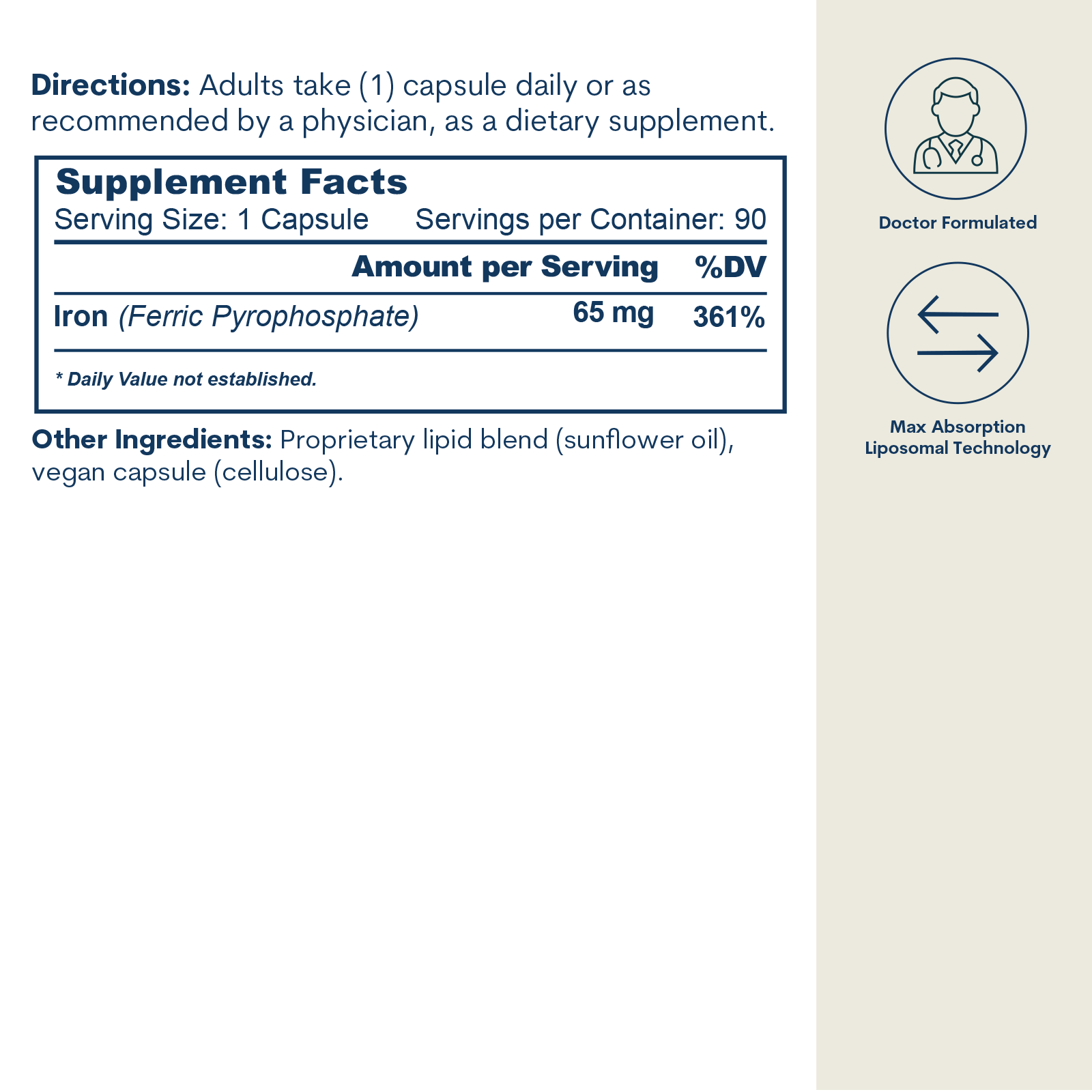 Supplement facts label showing iron dosage, directions, and ingredients with doctor formulated and liposomal technology icons