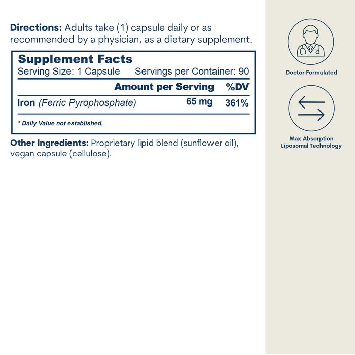 Supplement facts label showing iron dosage, directions, and ingredients with doctor formulated and liposomal technology icons